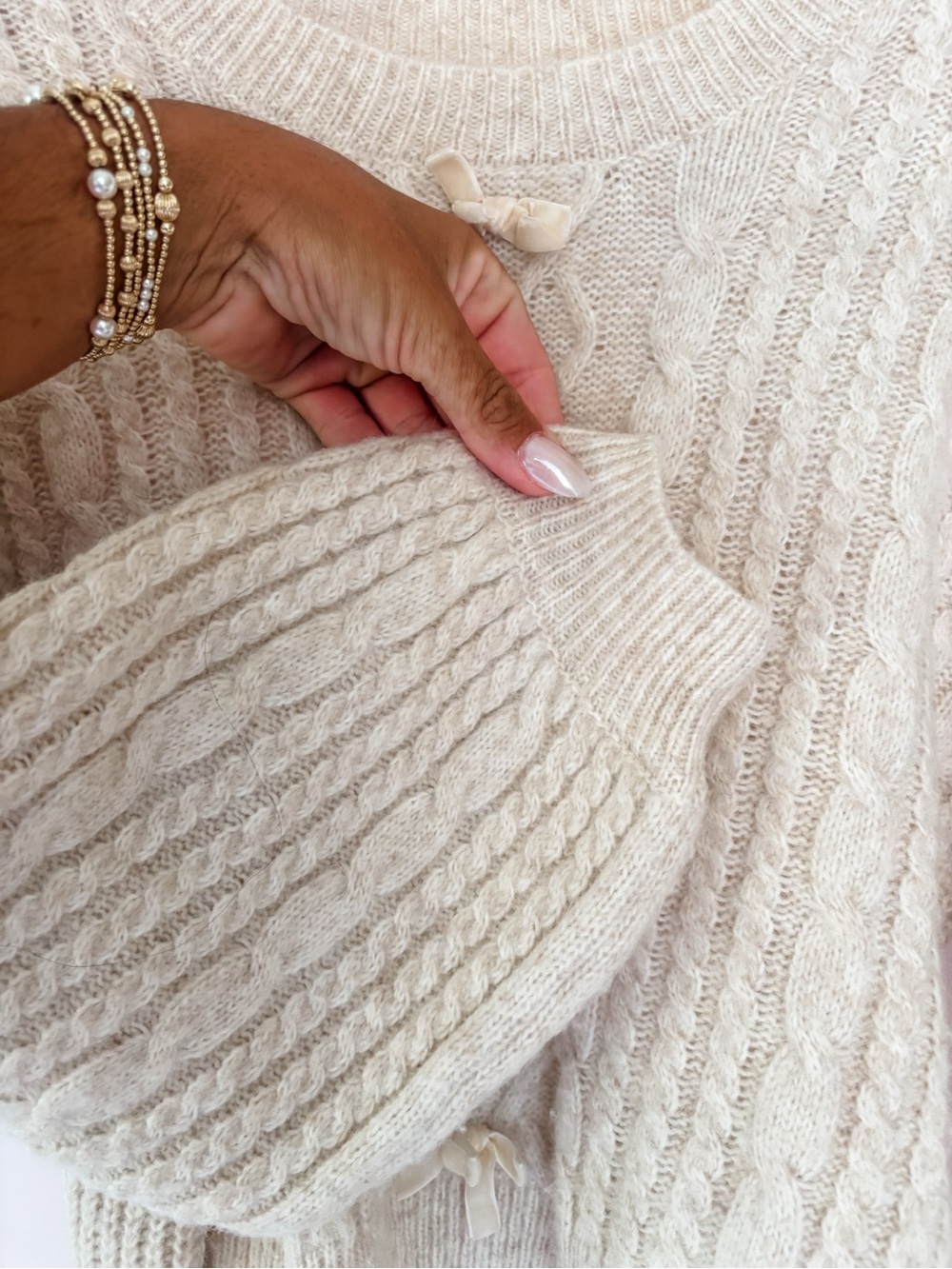 Altar'd State Cream Cable Knit Bow-Trim Women's Sweater - Picture 4 of 6